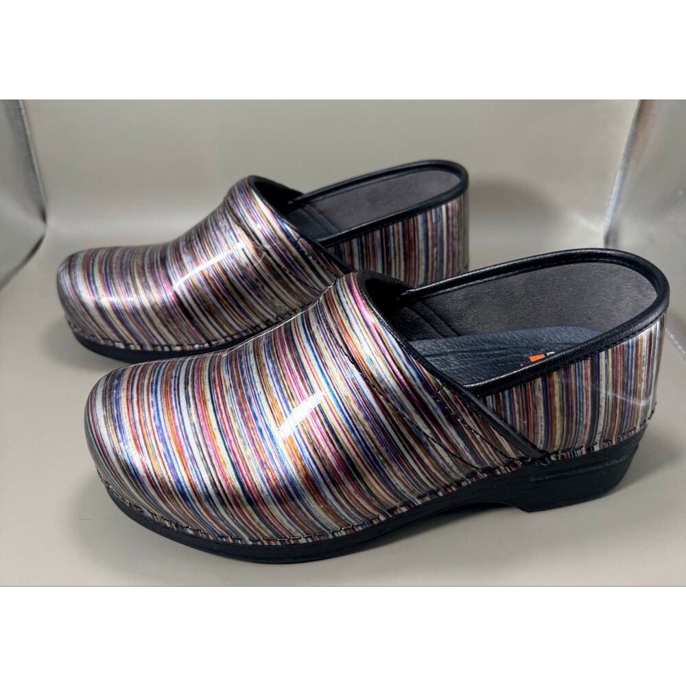 DANSKO XP 2.0 Professional Blue Red Gray Striped Patent Leather Slip On Clogs